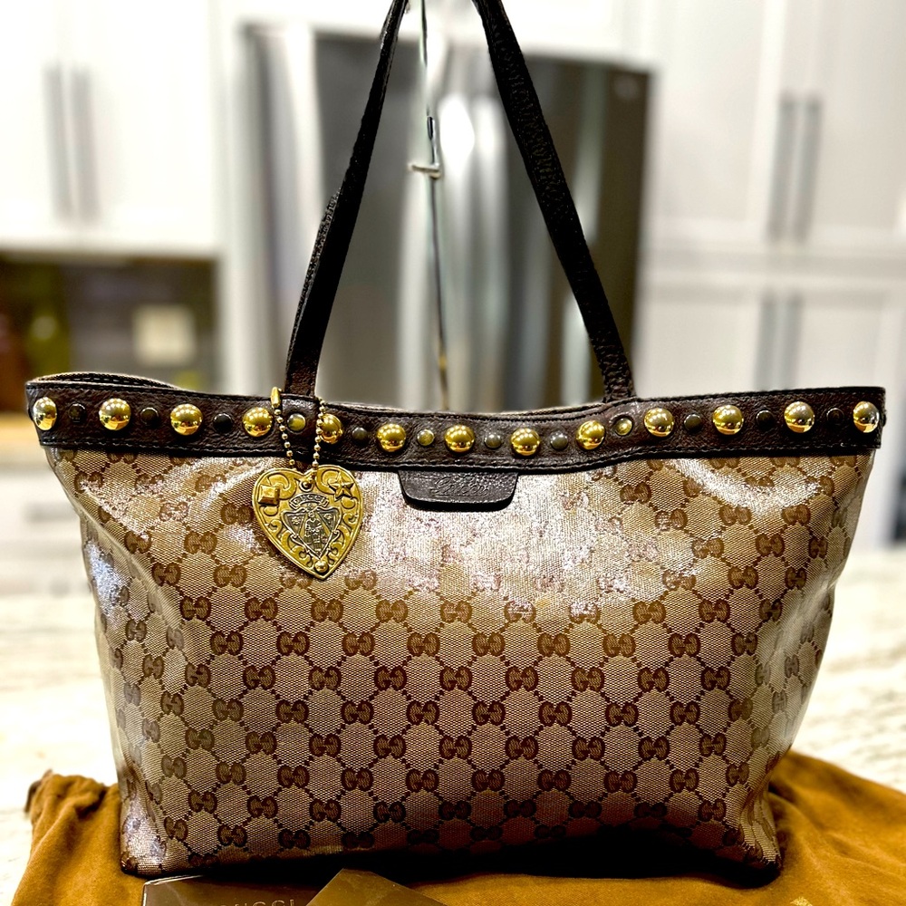 Gucci Authentic Coated Canvas / Leather Studded Tote